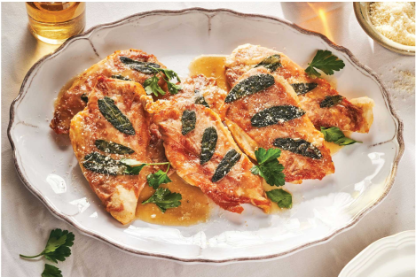 Chicken Saltimbocca Macros: (1 chicken roll with sauce) Protein: 31g Carbs: 6g Fat: 6g