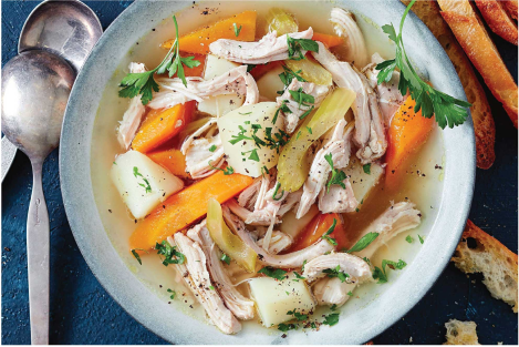 Macro friendly Chicken Soup: (6 servings) Protein:20g, Carbs:30g, Fat:3g