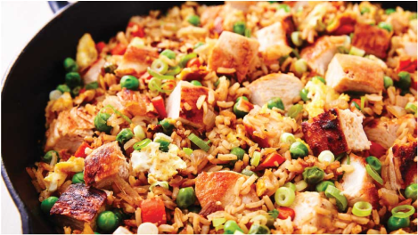 Chicken Fried Rice: Protein:20g, Carbs17g, Fat 2g